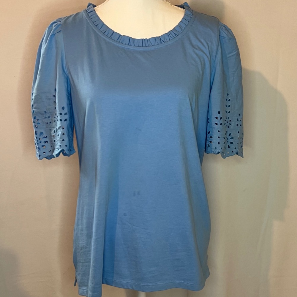 Talbots Womens Blue Ruffle Neck Eyelet Puff Sleeve Knit Top Size M